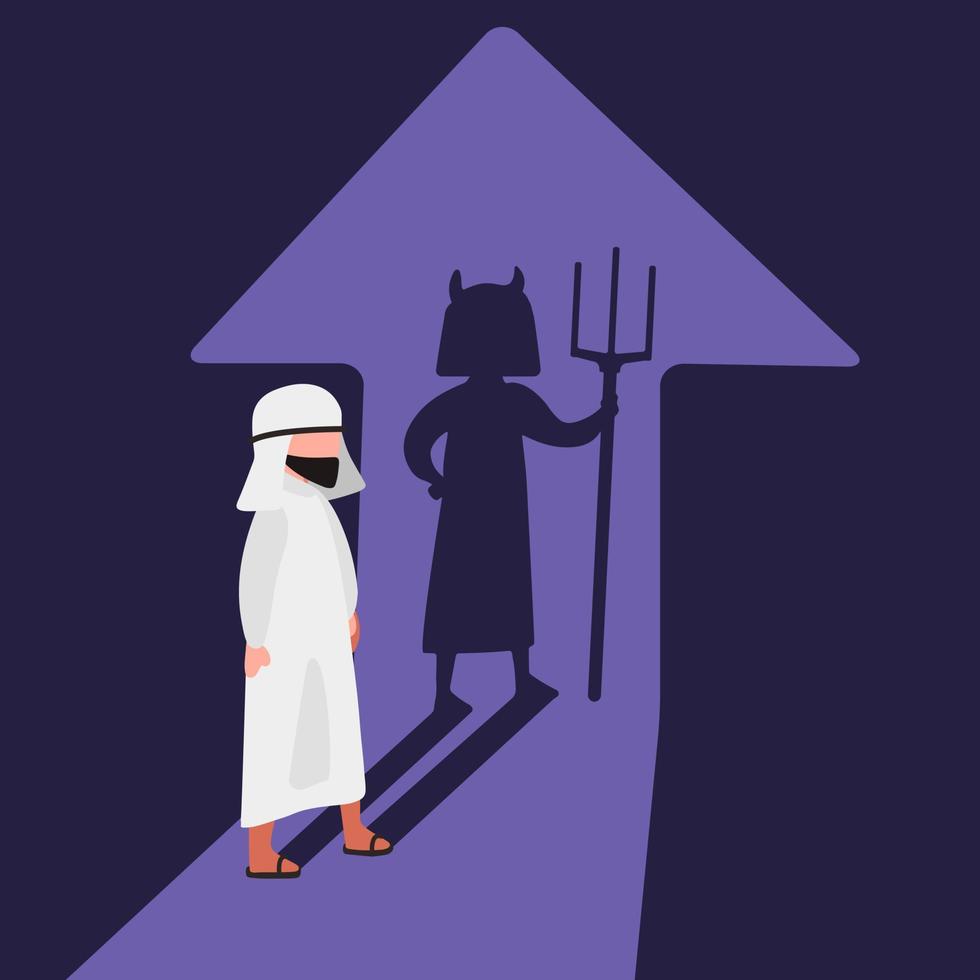 Business flat drawing Arabian businessman with devil of shadow. Evil worker facing his devil shadow on the wall. Bad character businessman. Success and inconsiderateness. Cartoon vector illustration
