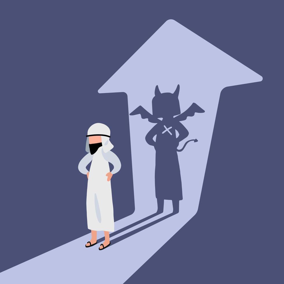 Business flat style drawing Arabian businessman standing with demon shadow wall behind him. Bad business manager. Young worker with his own evil shadow. Business metaphor. Cartoon vector illustration