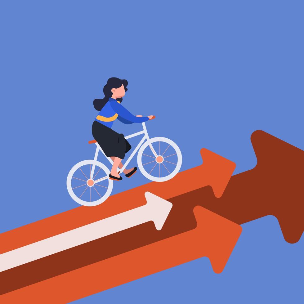 Business concept flat style businesswoman riding bicycle on arrow. Worker riding bike on rising arrow. Business metaphor. Successful, businesswoman go up at bicycle. Graphic design vector illustration