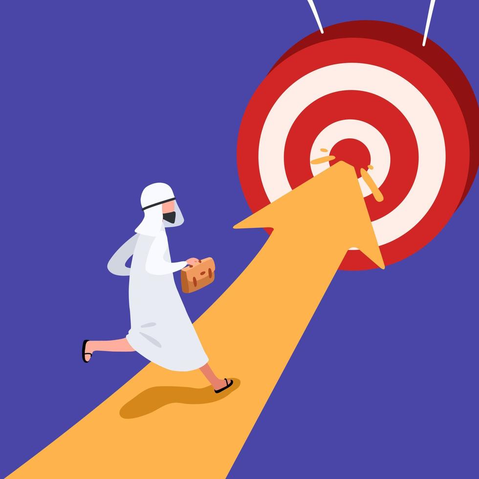 Business flat drawing worker holding telescope searching for opportunity. Arabian businessman standing with binoculars looking for opportunities in front of rising chart. Cartoon vector illustration