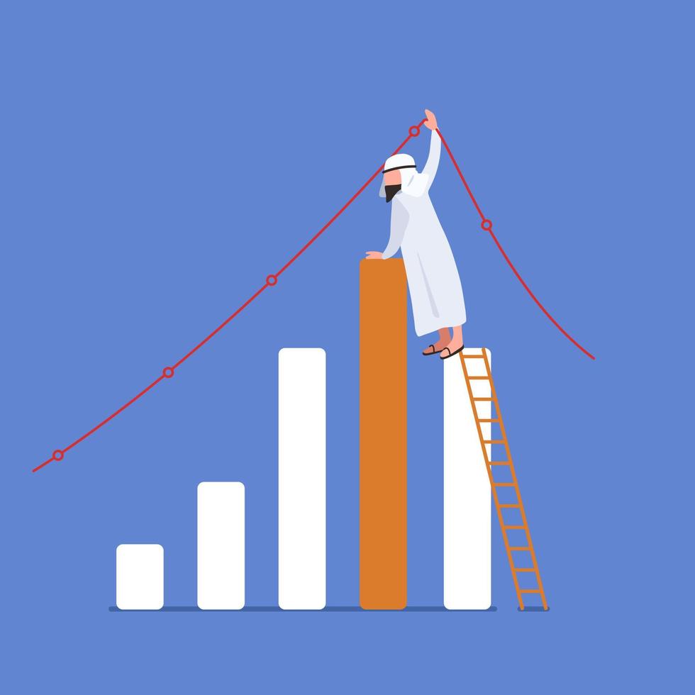 Business flat drawing Arabian businessman climbing up on ladder to adjust uptrend graph chart on wall. Depicts financial success, bullish stock market, good sales, growth. Cartoon vector illustration