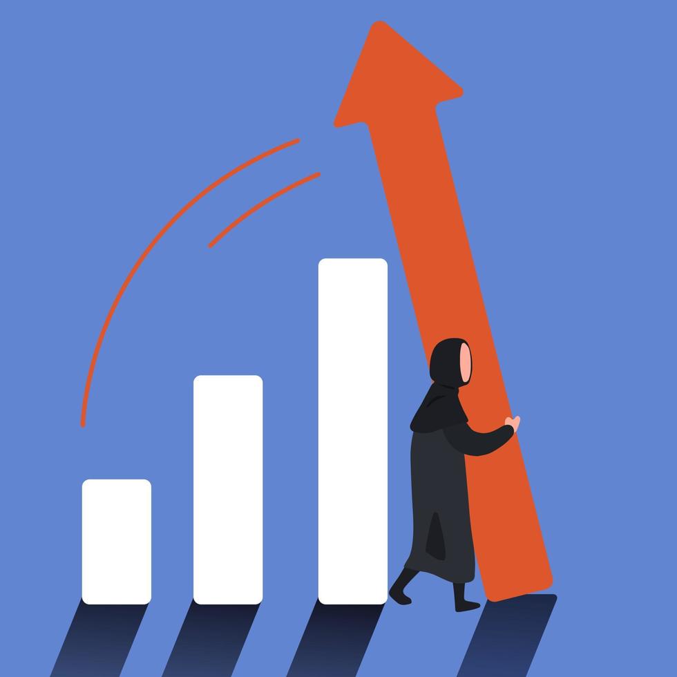 Business flat drawing Arabian businesswoman pushing bar chart. Business person holding bar chart from being fall over metaphor of survive, grow. Business crisis management. Cartoon vector illustration