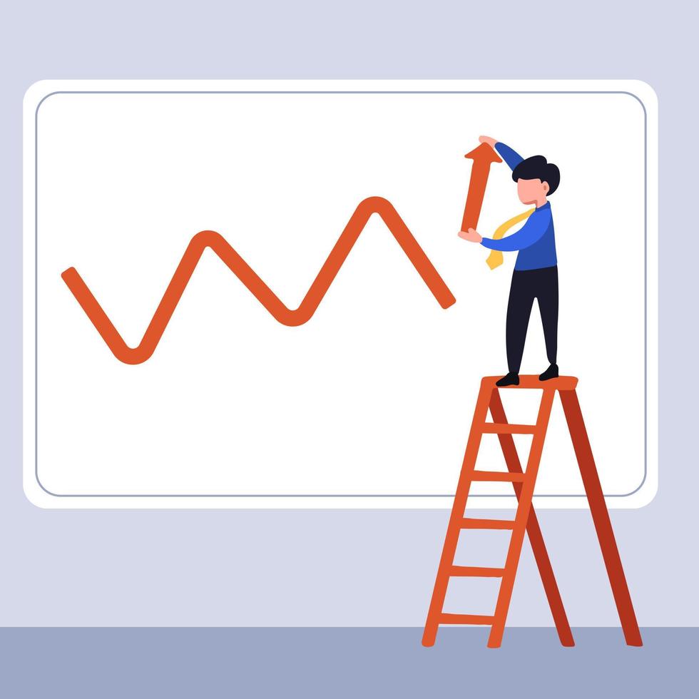 empresario de dibujo plano de negocios subiendo la escalera, creando un gráfico de cotizaciones. el trabajador dibuja el crecimiento de las ventas comerciales en la pared. representa el éxito financiero, el mercado de valores alcista, las ganancias. ilustración vectorial de dibujos animados vector