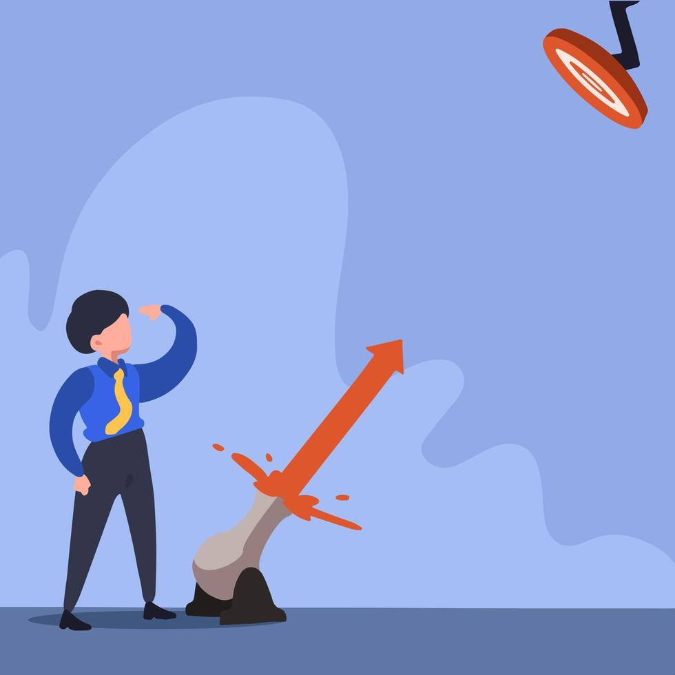 Business concept flat style isolated of businessman flame the cannonball wick to hit target. Financial investments grow. Goal achievement, leadership, career path. Graphic design vector illustration