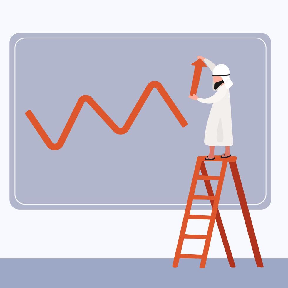 Business flat drawing Arabian businessman climbing ladder, creating stock chart. Worker draw business sales growth on wall. Depicts financial success, bullish stock market. Cartoon vector illustration