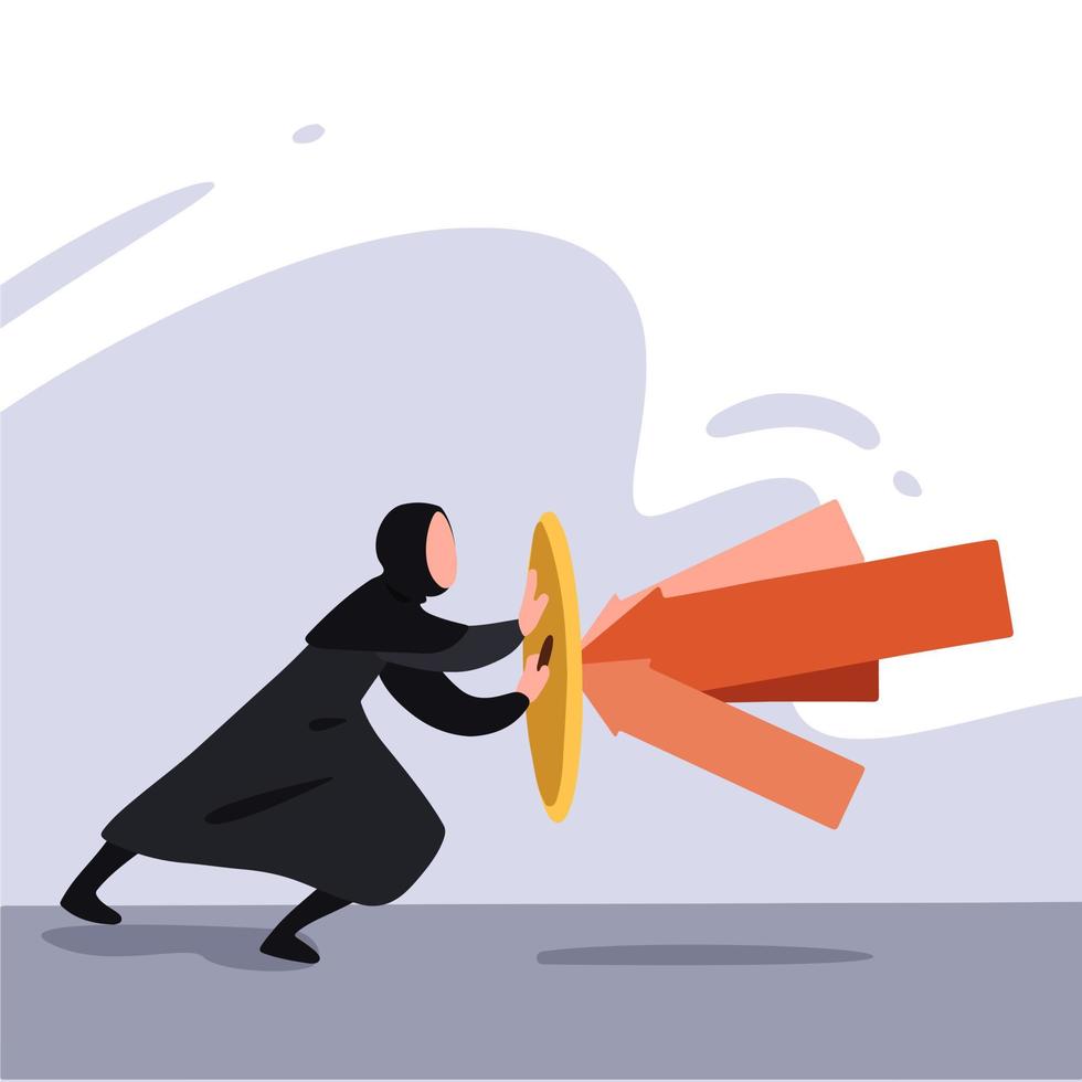 Business flat drawing brave young Arab businesswoman holds shield defending from attacks. Reflection impact. Attack protection. Insurance, protection from dangers. Cartoon graphic vector illustration