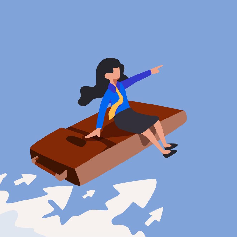 Business flat drawing active businesswoman sitting and flying on leather business briefcase in the sky. Points direction forward. Financial business success, development. Cartoon vector illustration