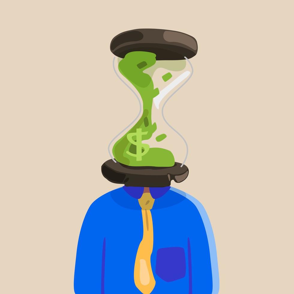 dibujo plano de negocios exitoso hombre de negocios con reloj de arena en lugar de cabeza, que simboliza la presión, la fecha límite, el horario, el concepto de gestión del tiempo. reloj de arena. ilustración vectorial gráfica de dibujos animados vector