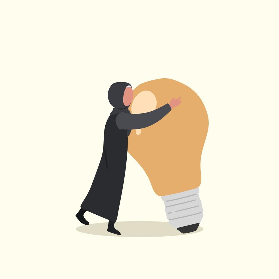 Business flat drawing smart Arab businesswoman hugs big lightbulb. Female manager with light idea bulb. Business success, creative thinking, inspiration, business startup. Cartoon vector illustration