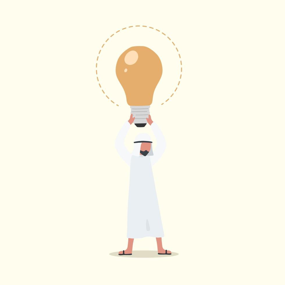 Business concept design Arabian businessman lifting big lightbulb over head. Metaphor for new business ideas and entrepreneurship. Creativity, insights, inspiration. Vector illustration flat cartoon