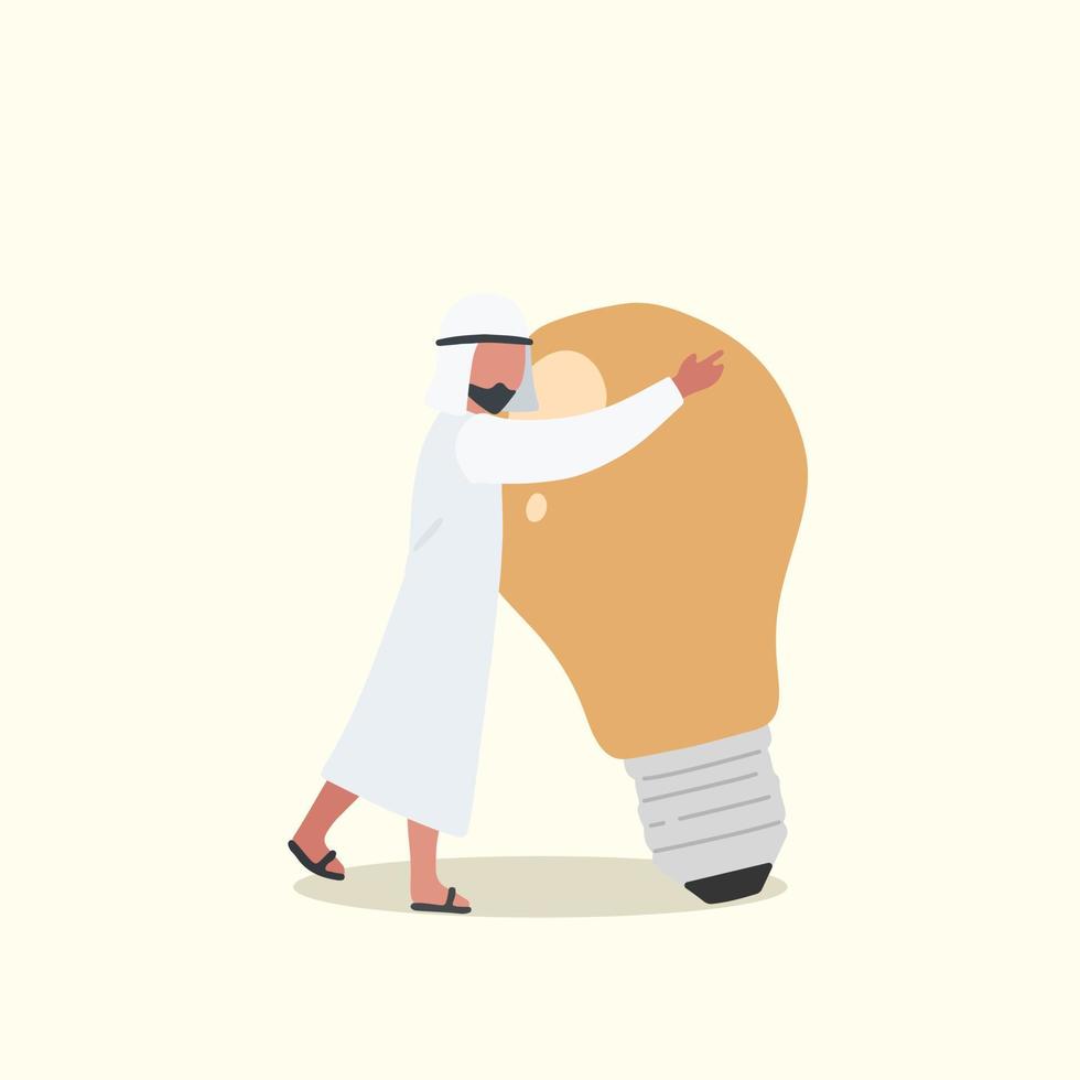 Business concept design Arabian businessman hugs big lightbulb. Male manager with light idea bulb. Business success, creative thinking, inspiration, business startup. Vector illustration flat cartoon