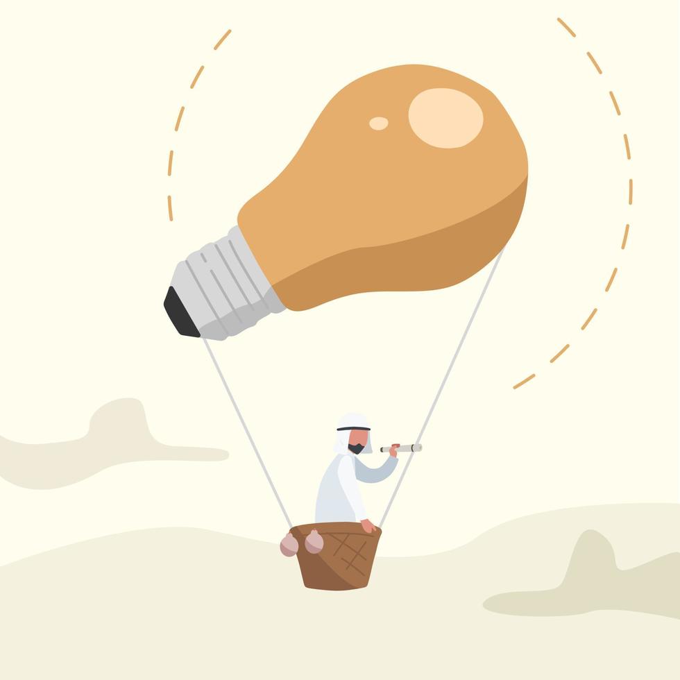 Business concept flat smart Arabian businessman flying on air balloon with light bulb. Male character looking through spyglass in search of creative idea. Business vision. Design vector illustration
