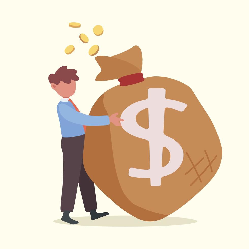 Business concept design happy businessman hugs sack of money. Financial success. Smart male manager standing and hugging huge cash bag. Business angel creative idea. Vector illustration flat cartoon