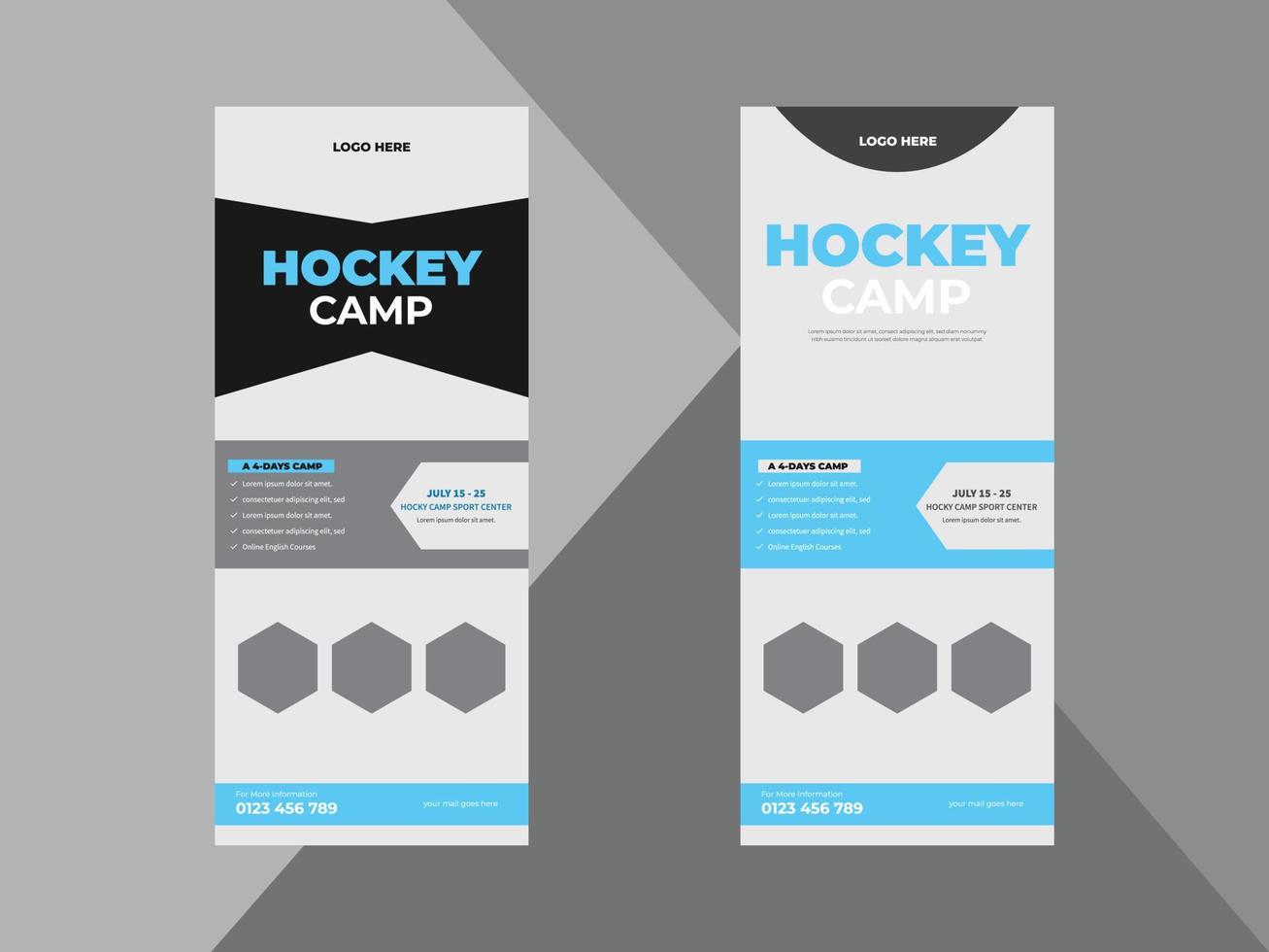hockey camp roll up banner design template. sports event poster leaflet design. hockey sports flyer. cover, roll up banner, poster, print-ready vector
