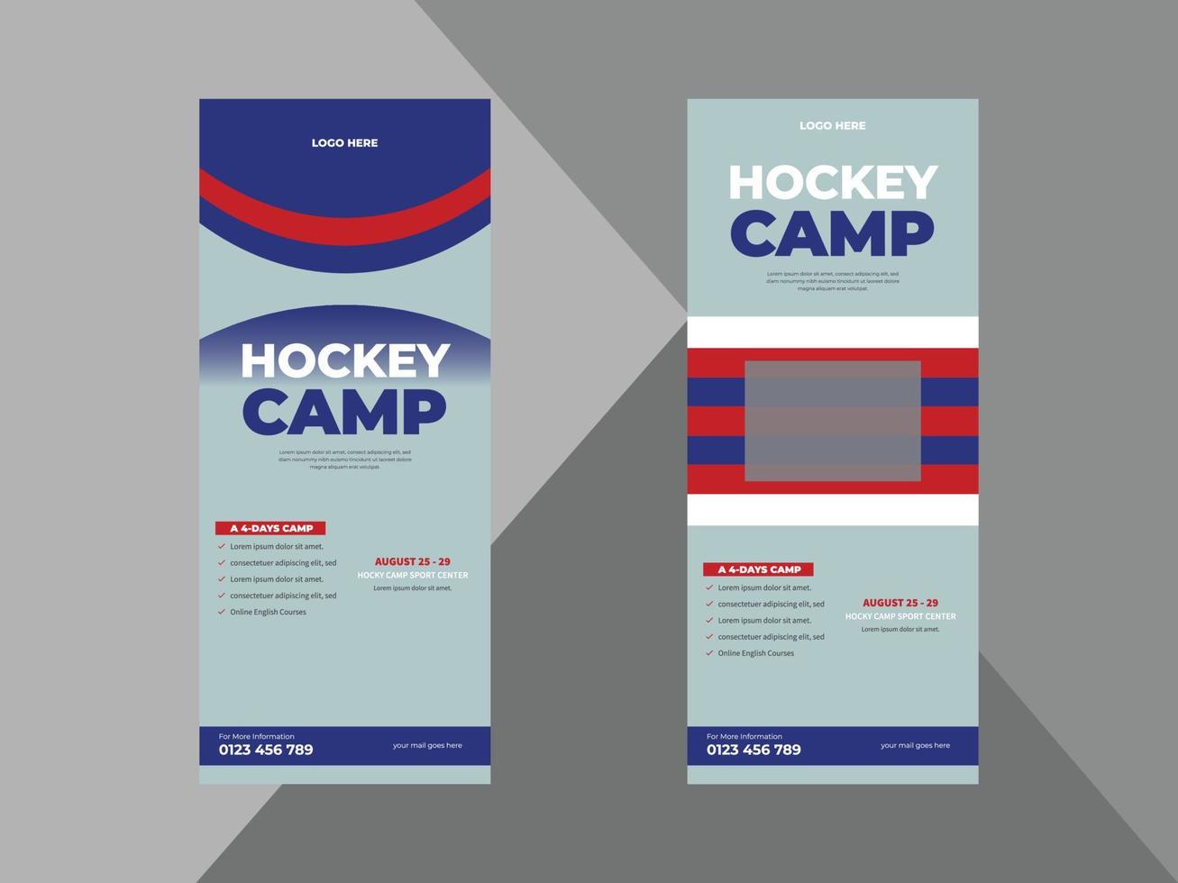 plantilla de diseño de banner enrollable del campamento de hockey. diseño de folletos de carteles de eventos deportivos. folleto de deportes de hockey. cubierta, pancarta enrollable, póster, listo para imprimir vector