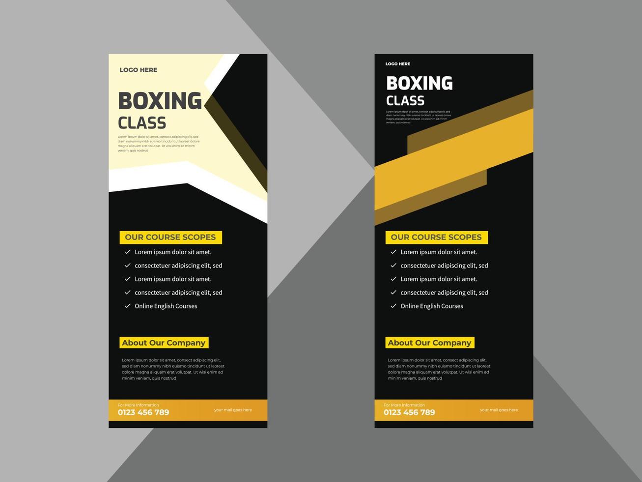 boxing school roll up banner design template. boxing sports poster leaflet design. cover, roll up banner, poster, print-ready vector