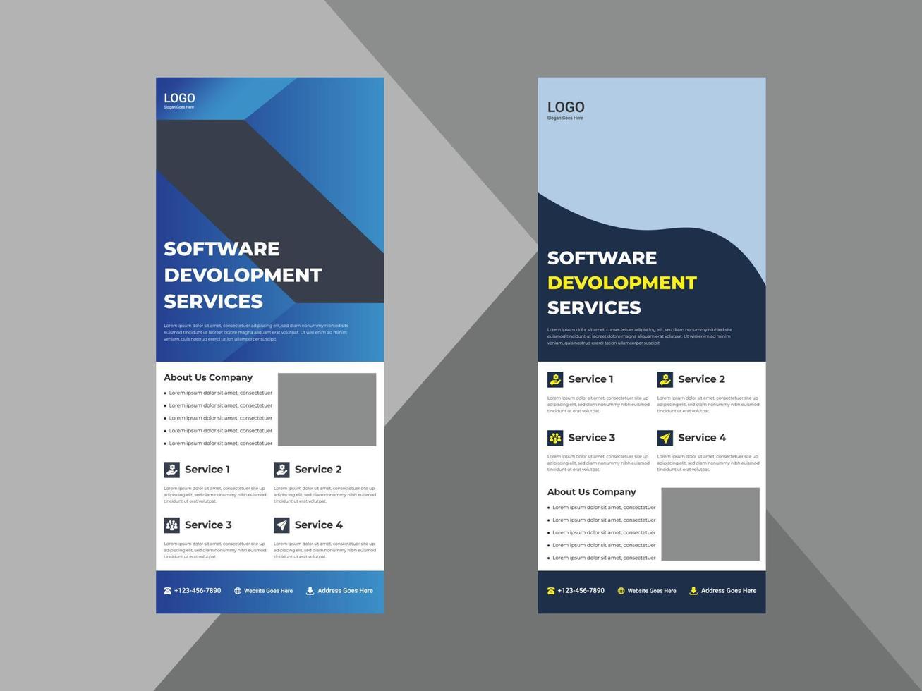 software development service roll up banner template. software agency poster leaflet design. cover, roll up banner, poster, print-ready vector