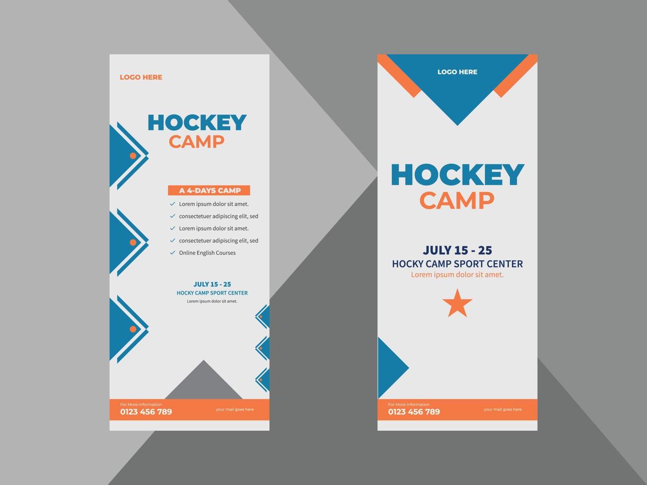 plantilla de diseño de banner enrollable del campamento de hockey. diseño de folletos de carteles de eventos deportivos. folleto de deportes de hockey. cubierta, pancarta enrollable, póster, listo para imprimir vector