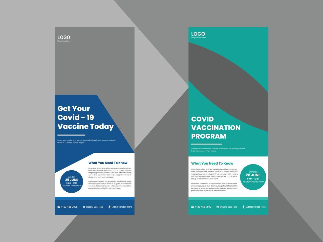 covid-19 vaccination program roll up banner design template. coronavirus vaccination poster leaflet design. cover, roll up banner, poster, print-ready vector