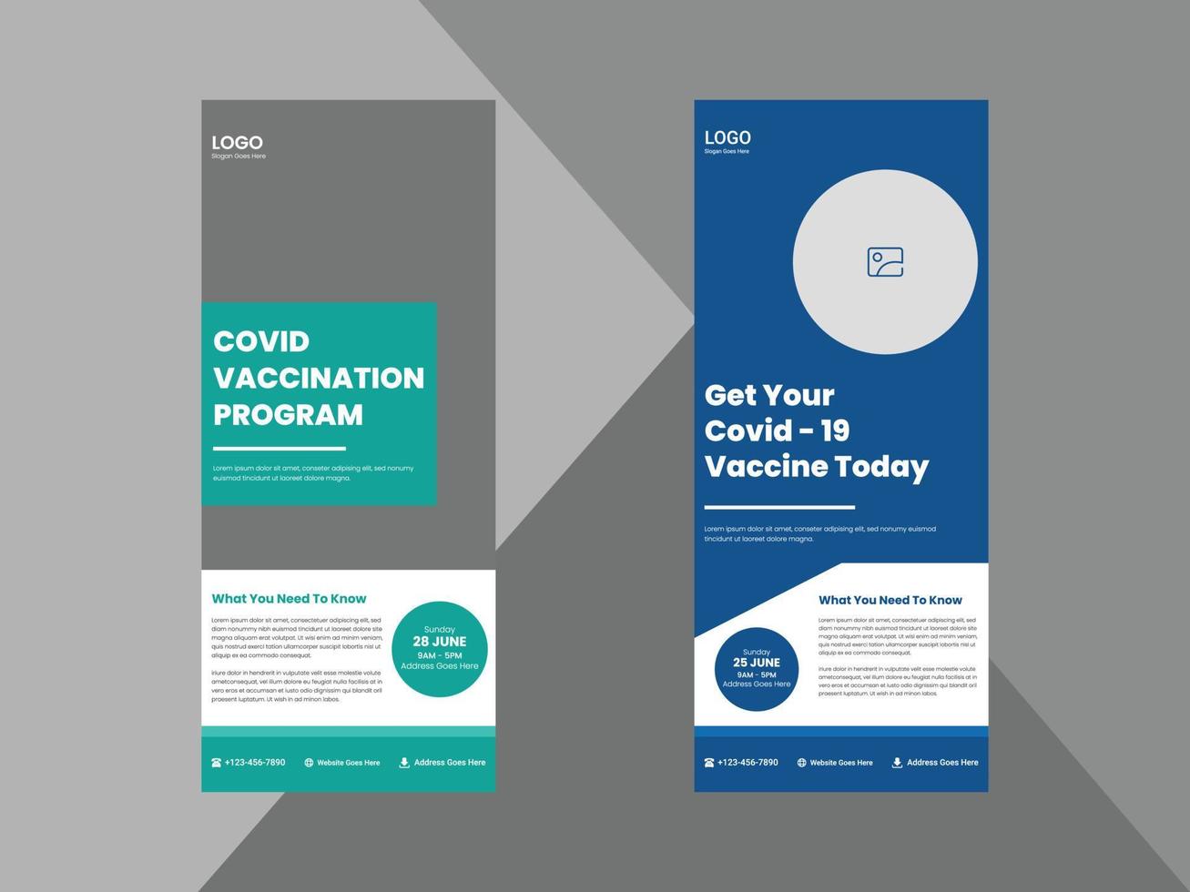 covid-19 vaccination program roll up banner design template. coronavirus vaccination poster leaflet design. cover, roll up banner, poster, print-ready vector