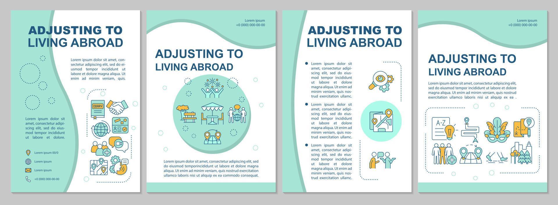 Adjusting to living abroad mint brochure template. Moving abroad. Flyer, booklet, leaflet print, cover design with linear icons. Vector layouts for presentation, annual reports, advertisement pages