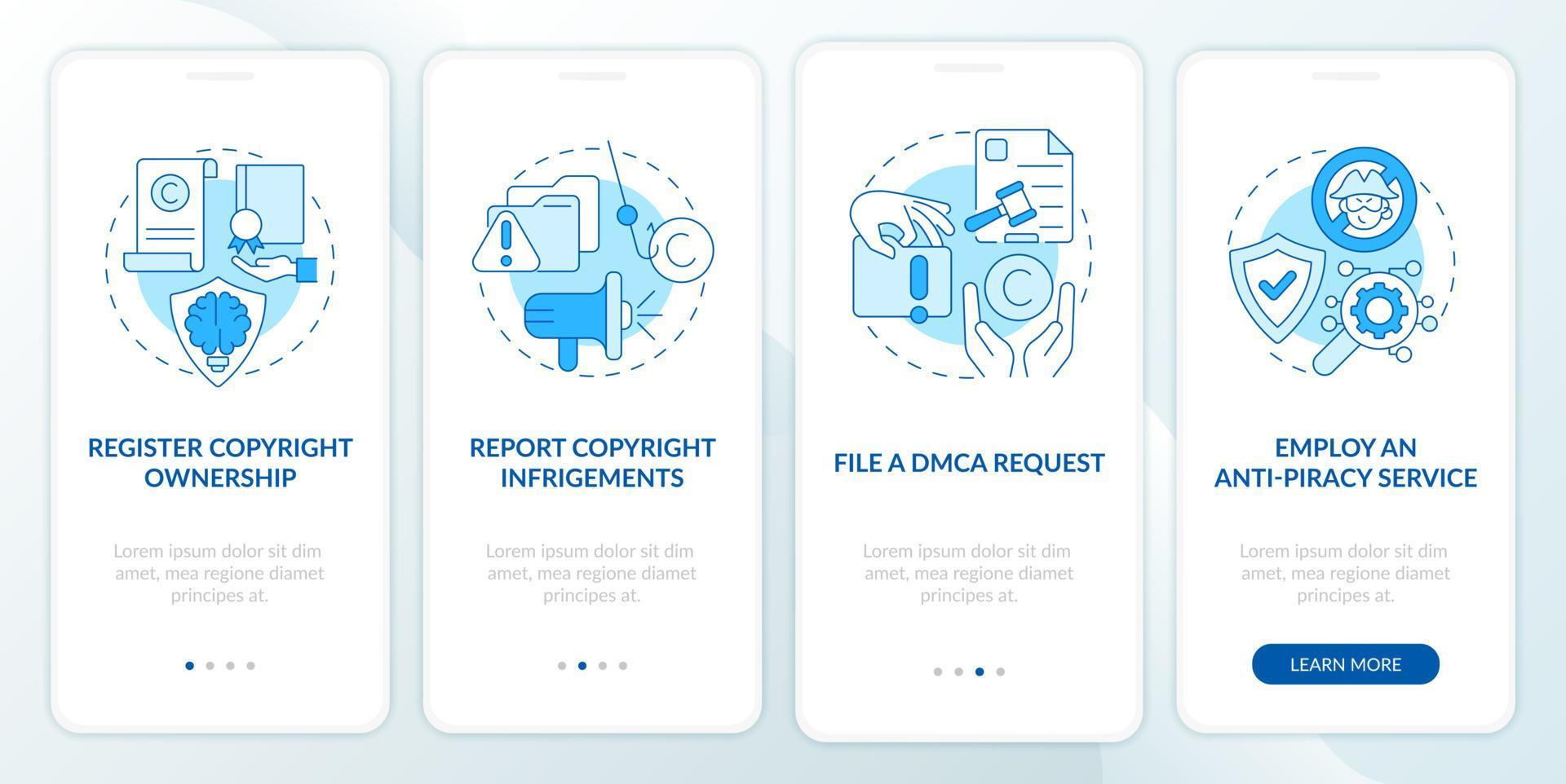 Protection from piracy onboarding mobile app page screen. Report infringements walkthrough 4 steps graphic instructions with concepts. UI, UX, GUI vector template with linear color illustrations