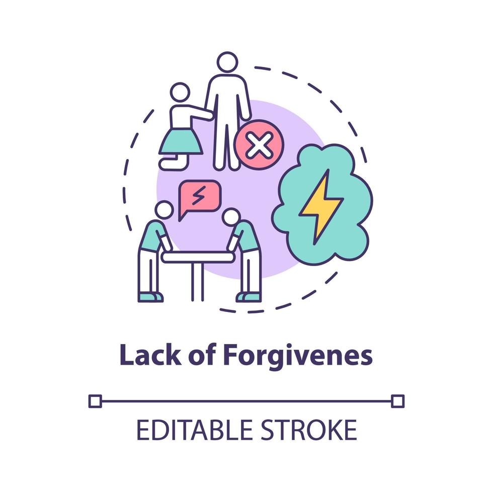 Lack of forgiveness concept icon. Toxic relationships. Vindictive partner. Blaming for past mistakes abstract idea thin line illustration. Vector isolated outline color drawing. Editable stroke