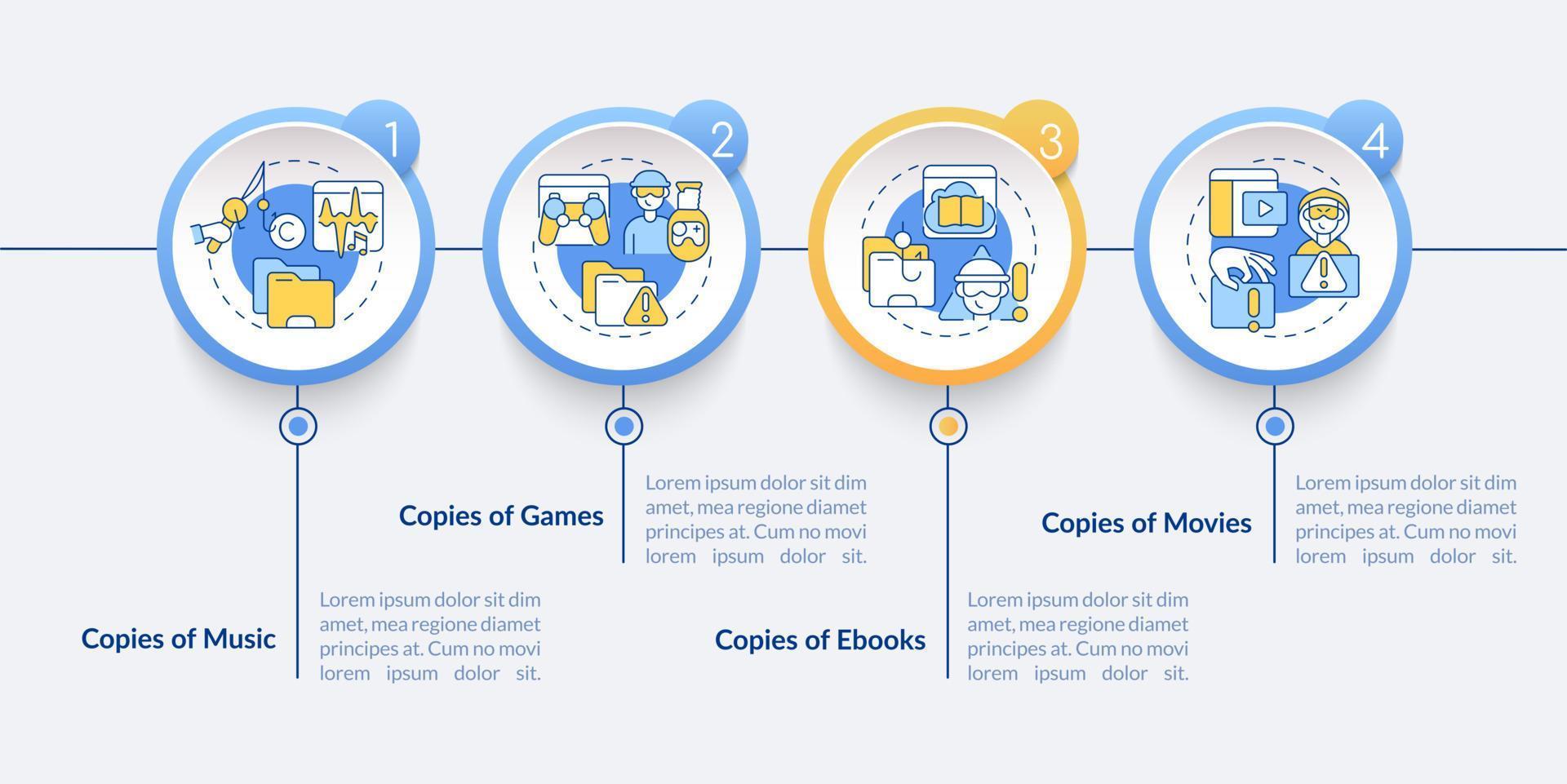 Copyright infringement vector infographic template. Copies of music presentation outline design elements. Data visualization with 4 steps. Process timeline info chart. Workflow layout with line icons