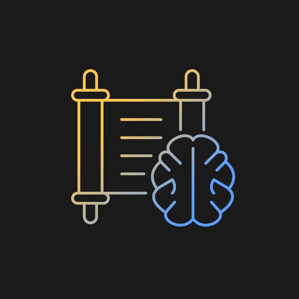 icono de vector de gradiente de filosofía para tema oscuro. cerebro contra el fondo de un manuscrito antiguo. clases de filosofia símbolo de color de línea delgada. pictograma de estilo moderno. dibujo de contorno aislado vectorial