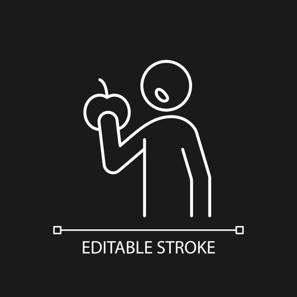 Eat snack white linear icon for dark theme. Man with apple. Healthy eating. Vegetarian eating fruit. Thin line customizable illustration. Isolated vector contour symbol for night mode. Editable stroke