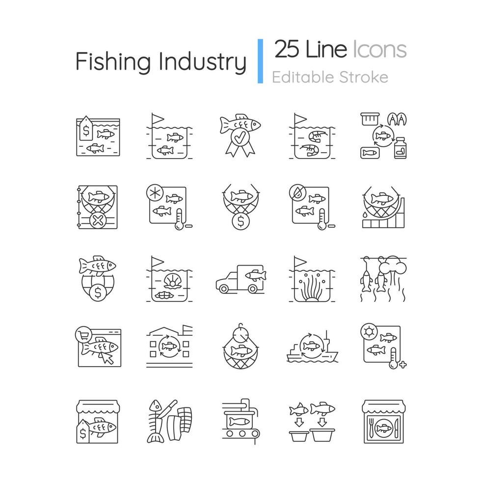 Fishing industry linear icons set. Catching and preparing seafood. Processing and farming. Canning plant. Customizable thin line contour symbols. Isolated vector outline illustrations. Editable stroke