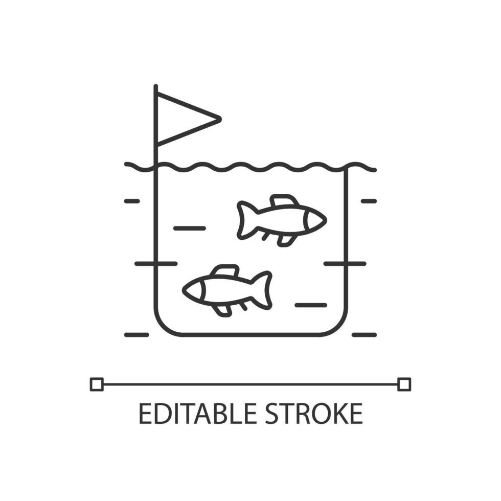 Fish farming linear icon. Pisciculture production industry. Fish breeding for trade. Seafood. Thin line customizable illustration. Contour symbol. Vector isolated outline drawing. Editable stroke