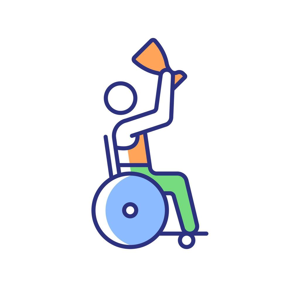 Competition winner with disability RGB color icon. Athlete holding prize cup. Winner awarding and congratulation. Disabled sportsmen. Isolated vector illustration. Simple filled line drawing