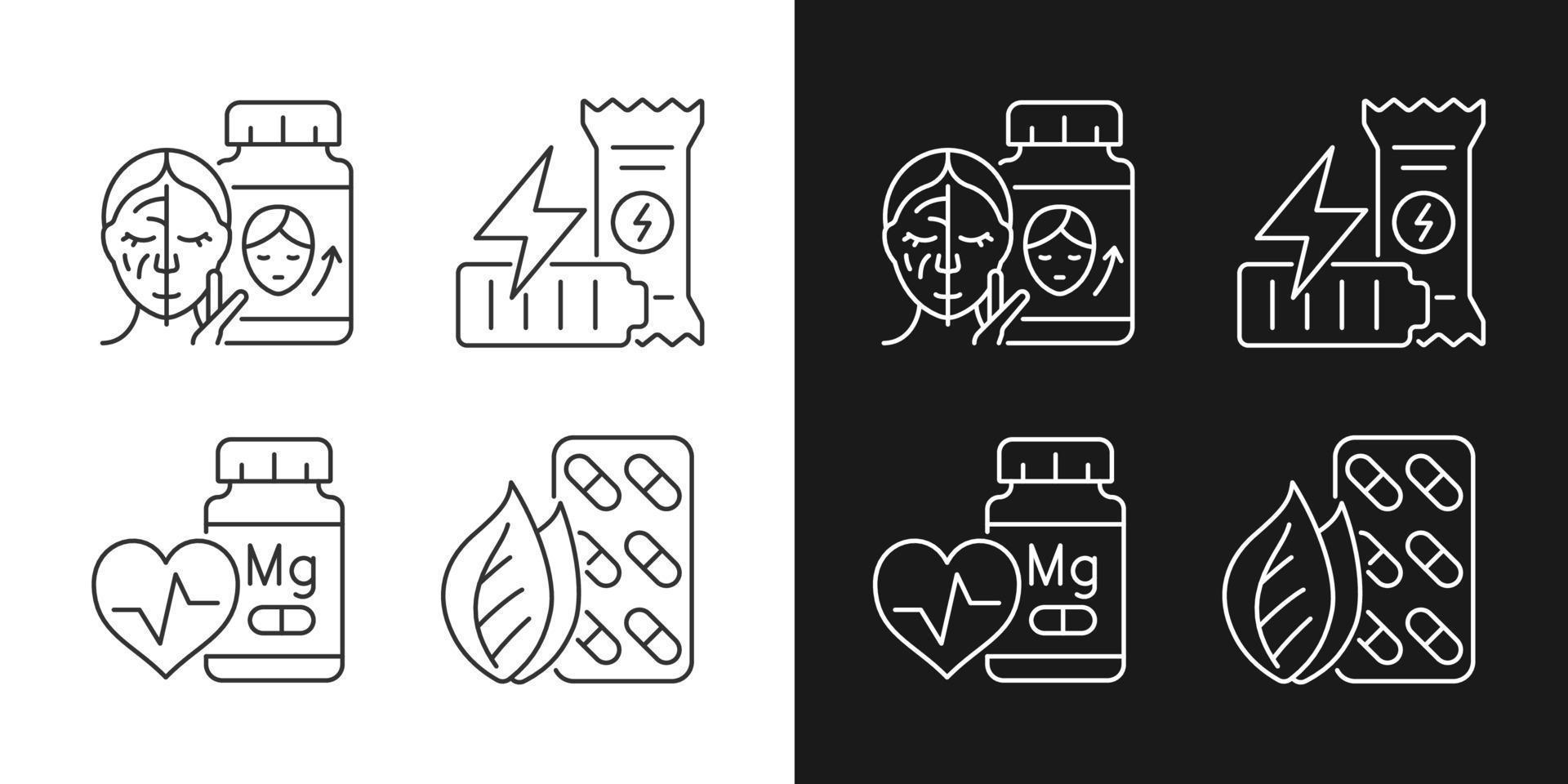 Food supplements linear icons set for dark and light mode. Skin beauty. Workout energy bar. Healthy snacks. Customizable thin line symbols. Isolated vector outline illustrations. Editable stroke