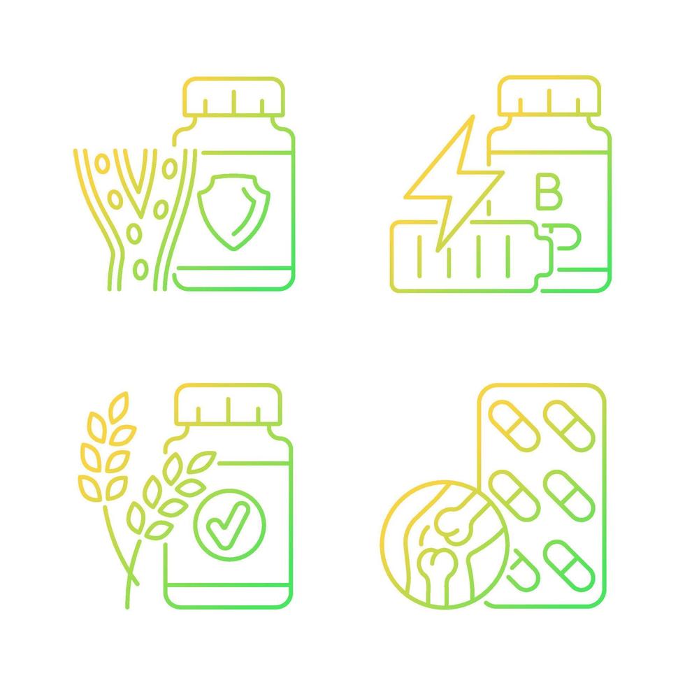 Food supplements gradient linear vector icons set. Help for bad blood pressure. B vitamins for fatigue. Natural ingredients. Thin line contour symbols bundle. Isolated outline illustrations collection