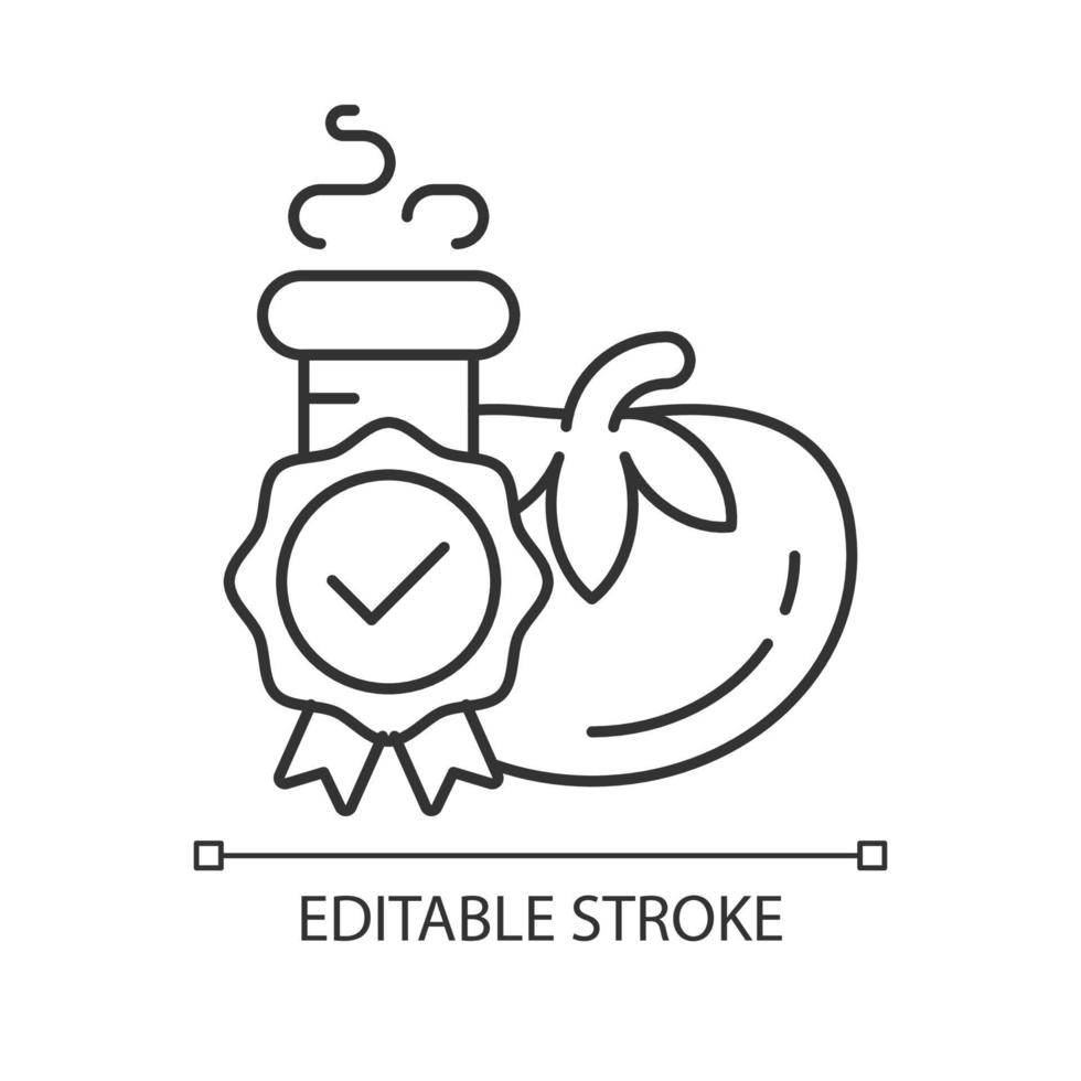 Food quality testing linear icon. Scientific food analysis. Products visual appearance evaluation. Thin line customizable illustration. Contour symbol. Vector isolated outline drawing. Editable stroke