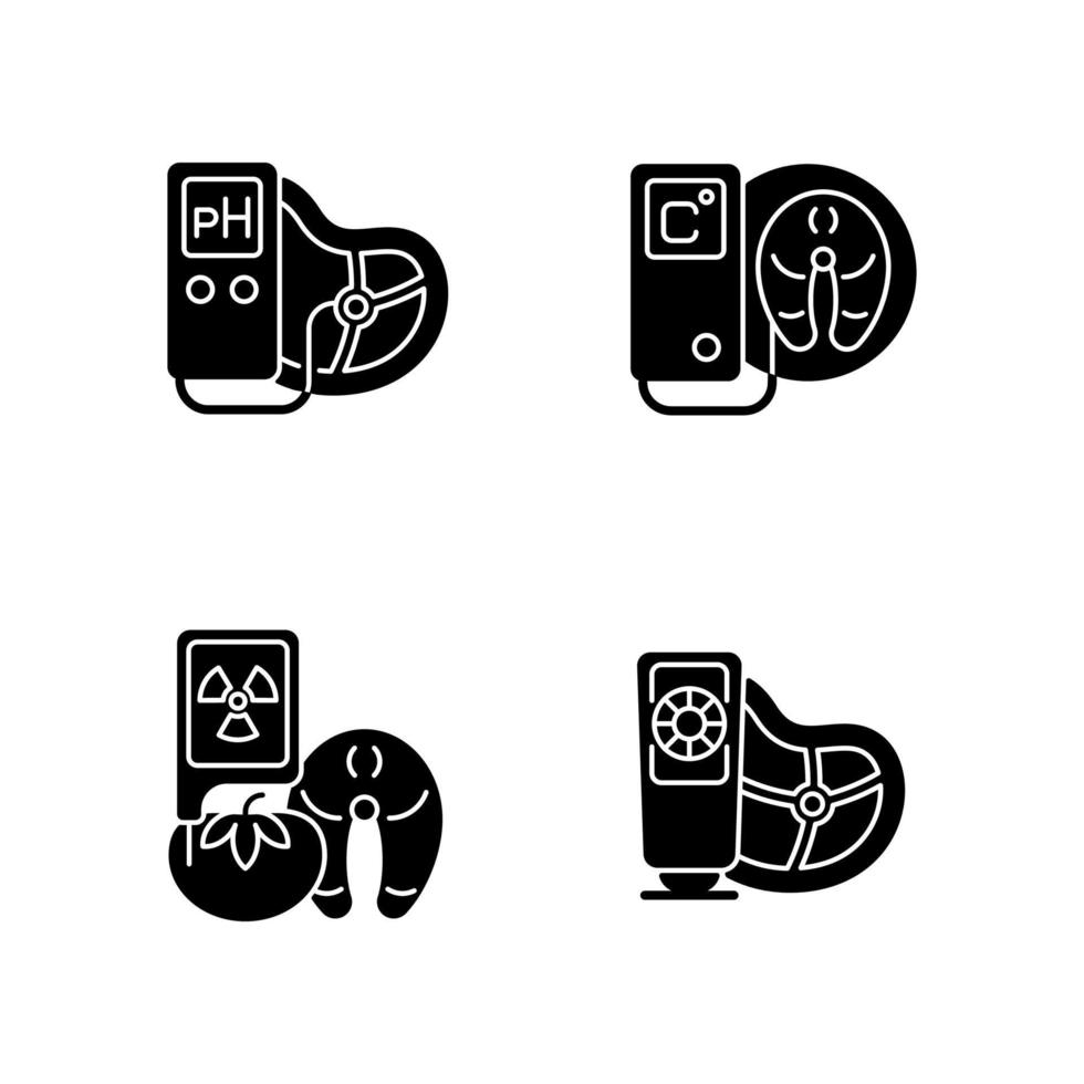 Food testing equipment black glyph icons set on white space. Scientific technology for product analysis. Detectors and property testers. Silhouette symbols. Vector isolated illustration