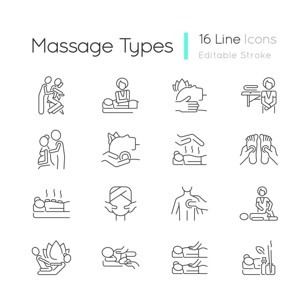 Massage types linear icons set. Physical health improvement. Applying pressure to muscles. Healing body. Customizable thin line contour symbols. Isolated vector outline illustrations. Editable stroke