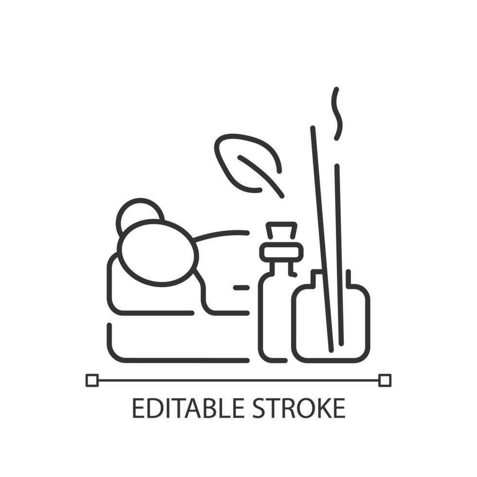 Aromatherapy massage linear icon. Using essential oils. Calming and healing effects. Thin line customizable illustration. Contour symbol. Vector isolated outline drawing. Editable stroke