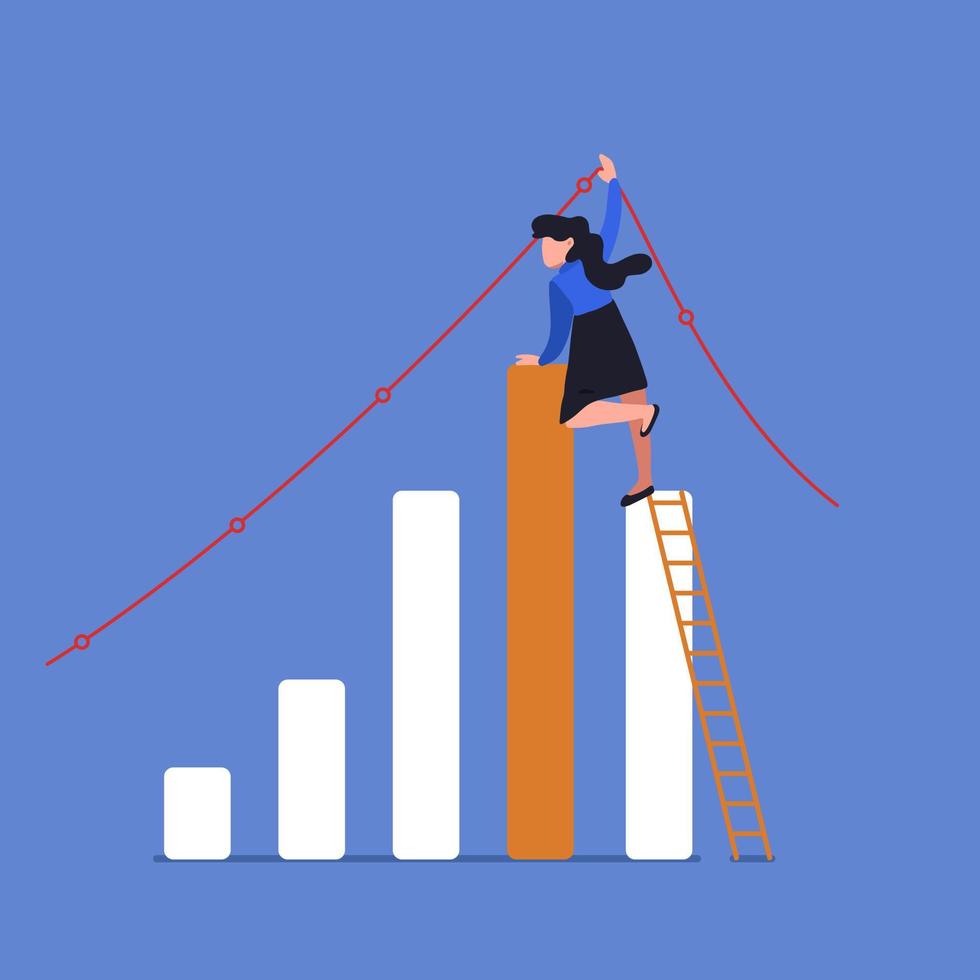 diseño de concepto de negocio mujer de negocios subiendo por la escalera para ajustar el gráfico de tendencia alcista en la pared. representa el éxito financiero, el mercado de valores alcista, las ganancias, el crecimiento. caricatura plana de ilustración vectorial vector