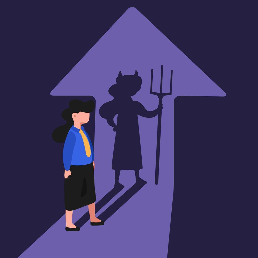 Business concept design businesswoman with devil of shadow. Evil worker facing her devil shadow on wall. Bad character businessman. Success and inconsiderateness. Vector illustration flat cartoon