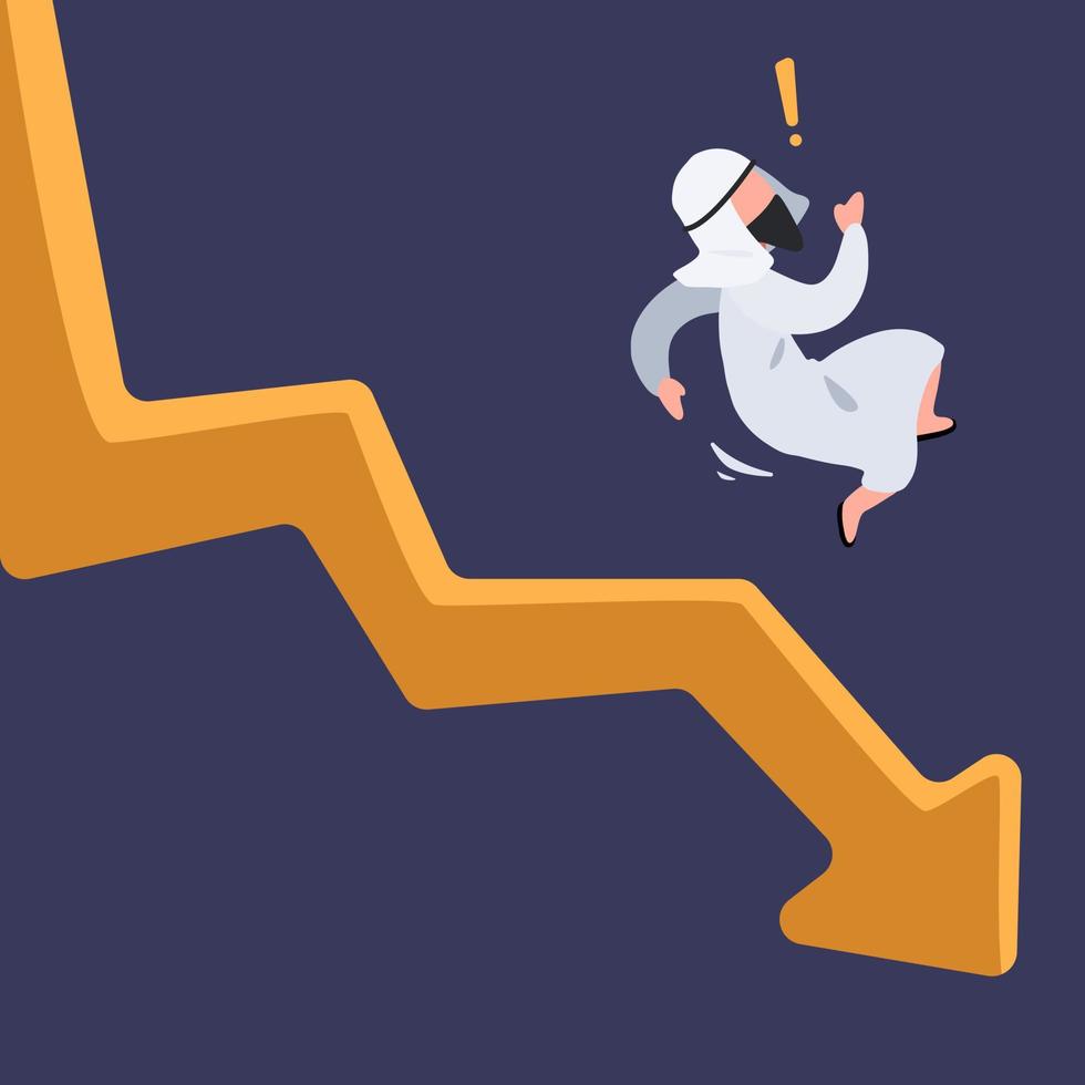 Business concept design Arab businessman fall down chart. Male manager bankrupt falling down from arrow. Economic failure investment and financial stock market crash. Vector illustration flat cartoon