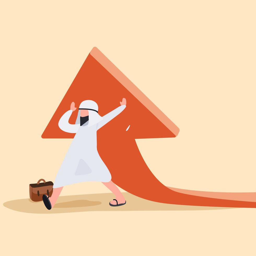 Business concept design worker lifting rising financial arrow graph up. Arabian businessman working hard to change direction of an arrow. Raising up to reach success. Vector illustration flat cartoon