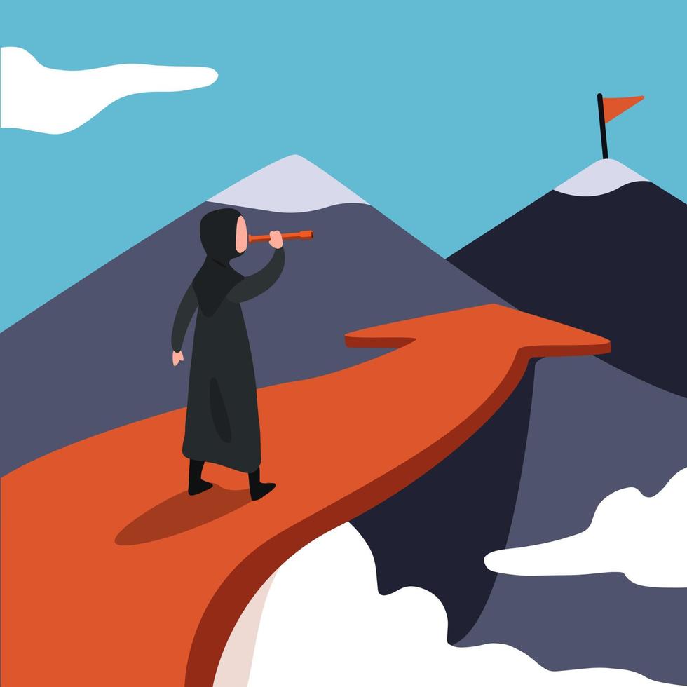 Business flat drawing young Arabian businesswoman standing on arrow looking with telescope growth and to achieve higher. Illustration of sky with cloud and mountain view. Cartoon style graphic vector