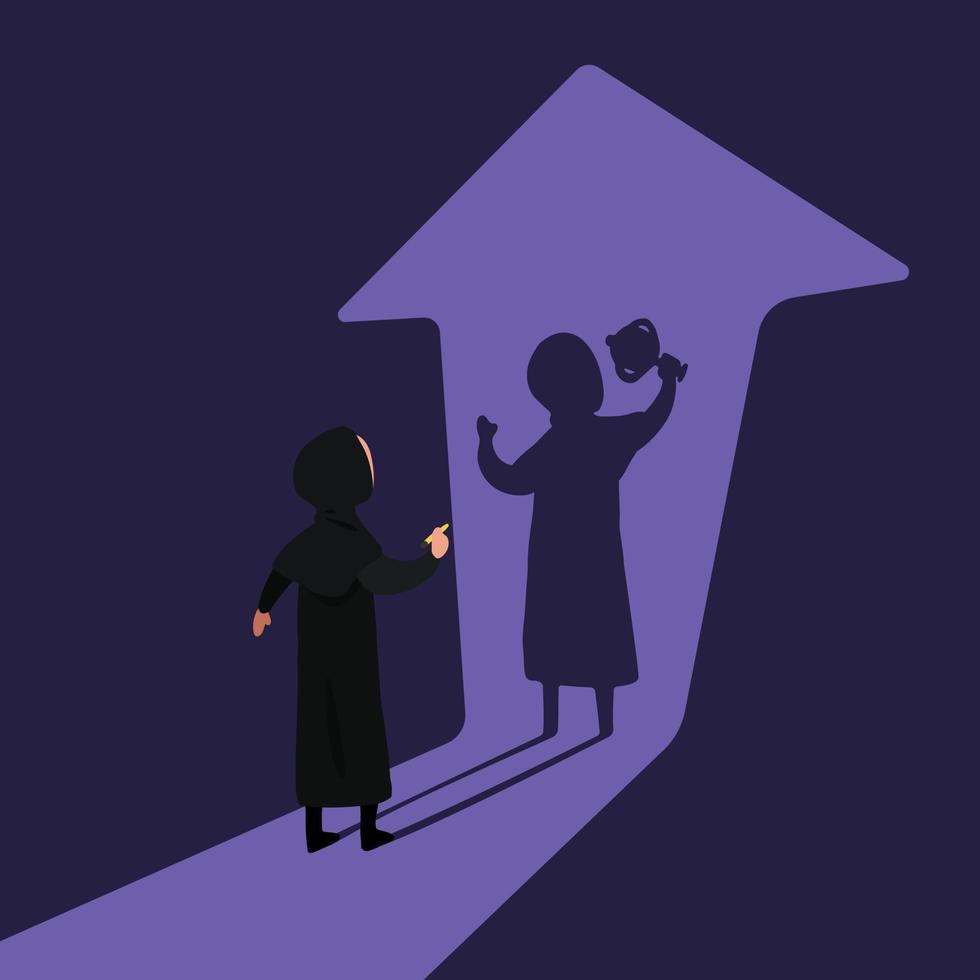 Business concept design Arabian businesswoman holding winning trophy shadow and arrow pointing up. Woman facing lifting trophy shadow. Choices success in future goal. Vector illustration flat cartoon