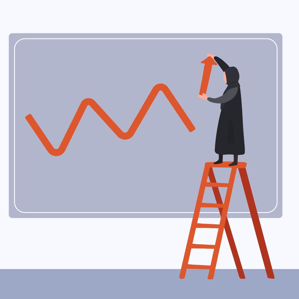 Business flat drawing Arabian business woman stand on ladder, creating chart. Worker draw business sales growth on wall. Depicts financial success, bullish stock market. Cartoon vector illustration