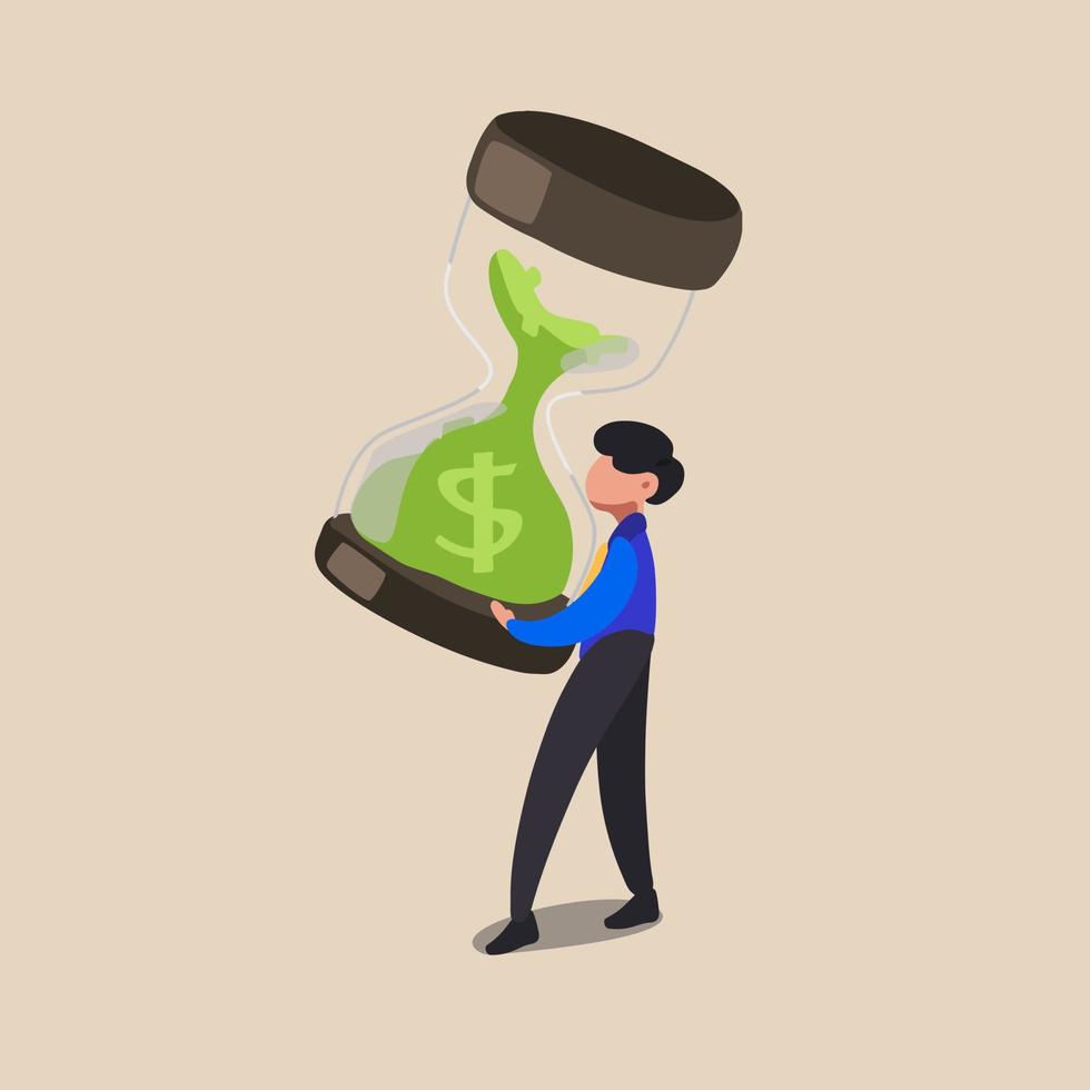 Business concept flat isolated of businessman holding up large hourglass. Time management and deadline concept. Financial investment. Successfully task organizing. Graphic design vector illustration