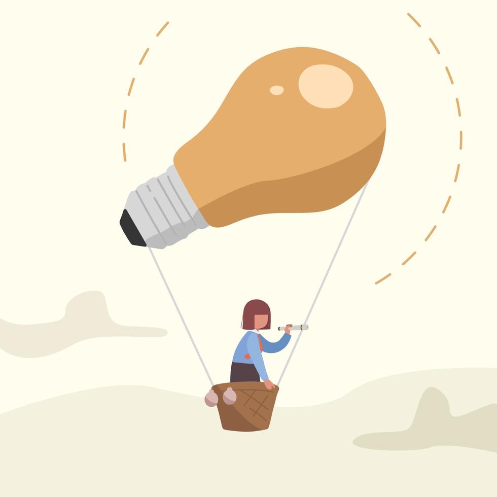 Business flat drawing smart businesswoman flying on air balloon with light bulb. Cute female character looking through spyglass in search of creative idea. Business vision. Cartoon vector illustration