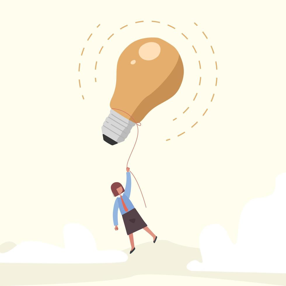 Business concept flat smart businesswoman holding light bulb floating balloon flying high in sky. Big idea to solve problem, invention, innovation to drive business growth. Design vector illustration