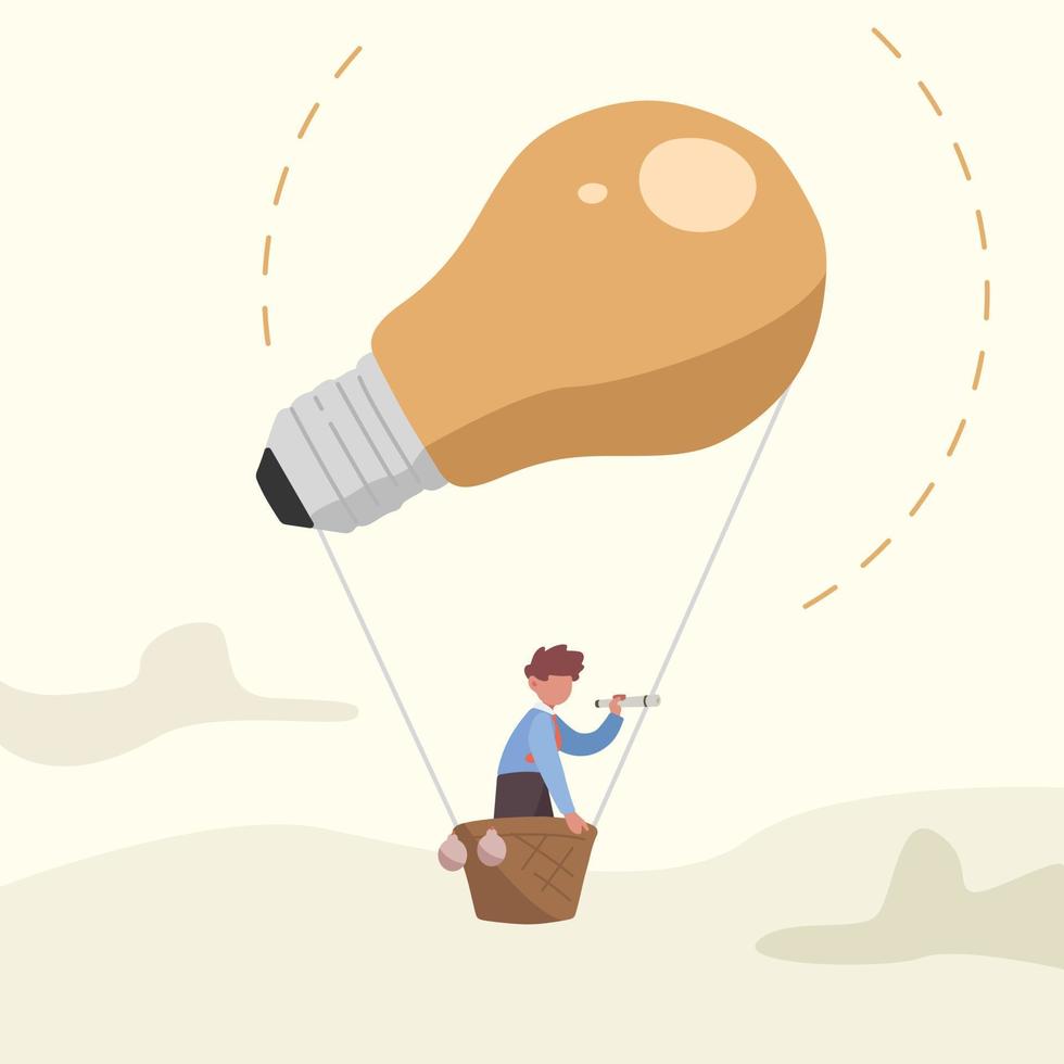 Business concept flat smart businessman flying on air balloon with light bulb. Male character looking through spyglass in search of creative idea. Business vision. Graphic design vector illustration